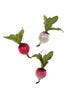 Three decorative radish ornaments on a plain white background, featuring two glossy pink radishes with glittery green tops and one pearlescent white radish with a glittery green top.